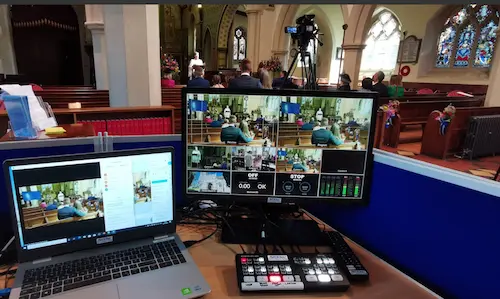 Discreet camera and audio setup for a memorial service livestream