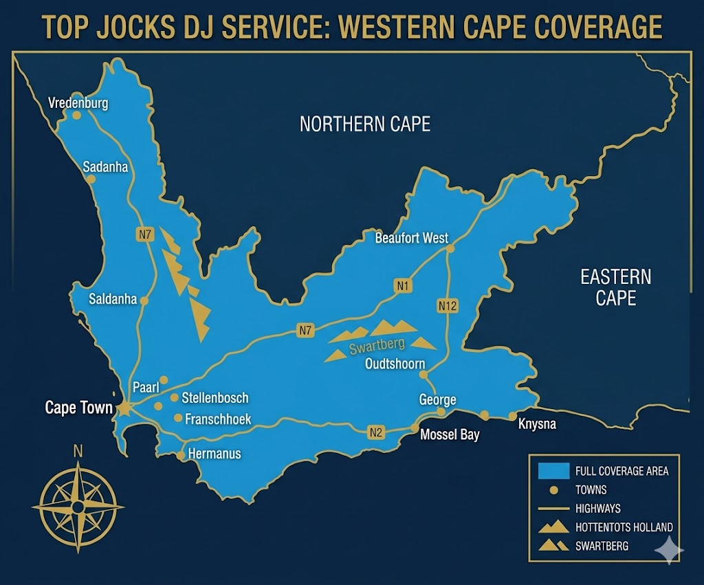 Map of Western Cape showing Top Jocks DJ service coverage area